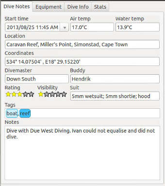 FIGURE: A completed Dive Notes tab