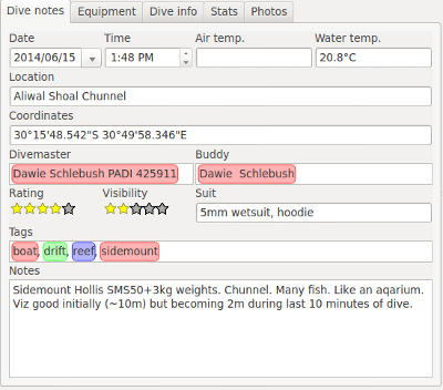 FIGURE: A completed Dive Notes tab