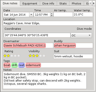 FIGURE: A completed Dive Notes tab