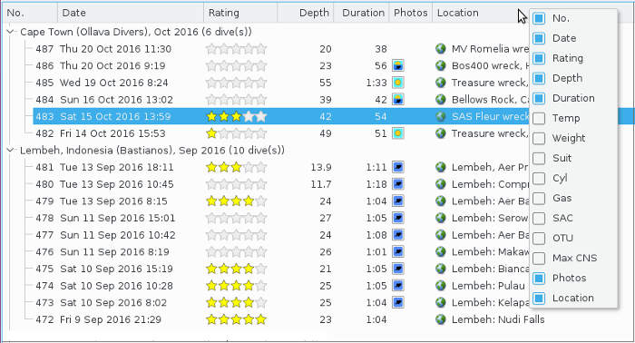 Example: Dive list info options