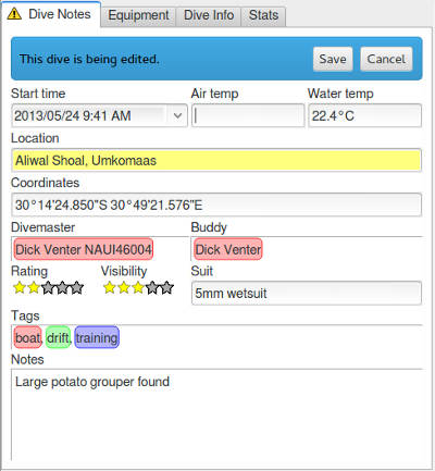 FIGURE: A completed Dive Notes tab