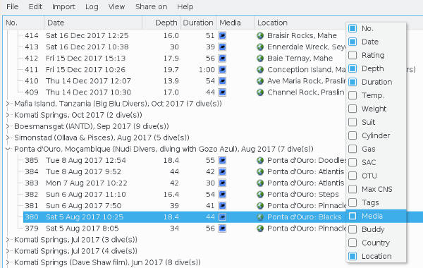 Example: Dive list info options