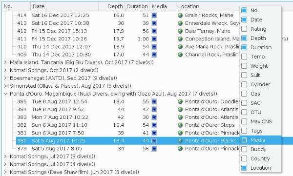 Voorbeeld: Duiklijst info opties