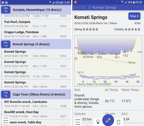 FIGURE: Dive list screen