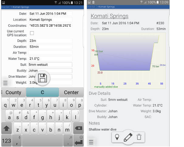 FIGURE: Manual dive entry screen