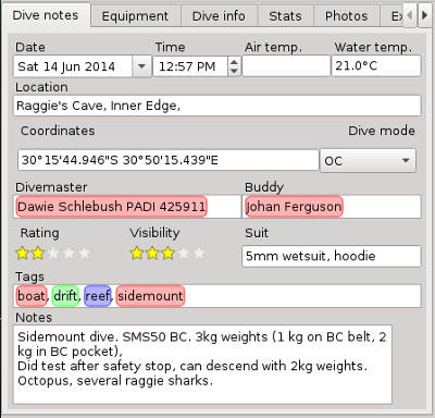 FIGURE: A completed Dive Notes tab