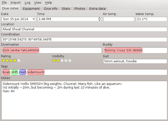 FIGURE: A completed Dive Notes tab