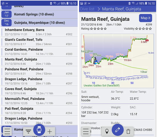 FIGURE: Dive list screen