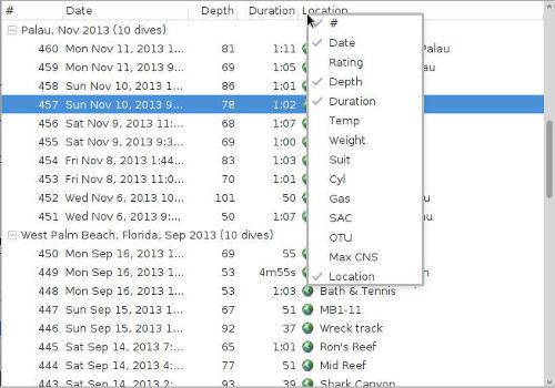 Example: Dive list info options